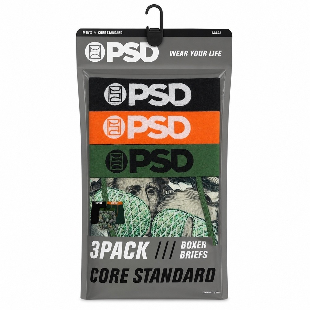 PSD Underwear Mens 3 Pack Core Standard Boxer Briefs Money Print Black Green L